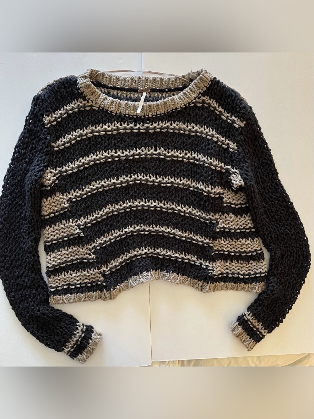 Free People Chunky Striped Crop Sweater - Black & Cream Size Small